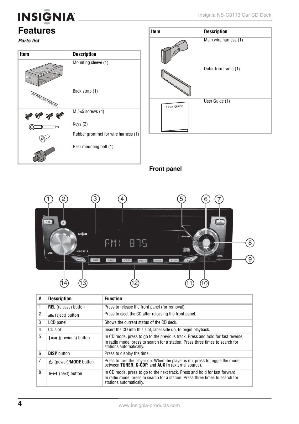 Features, Parts list, Front panel | Insignia NS-C3113 User Manual | Page 4 / 12