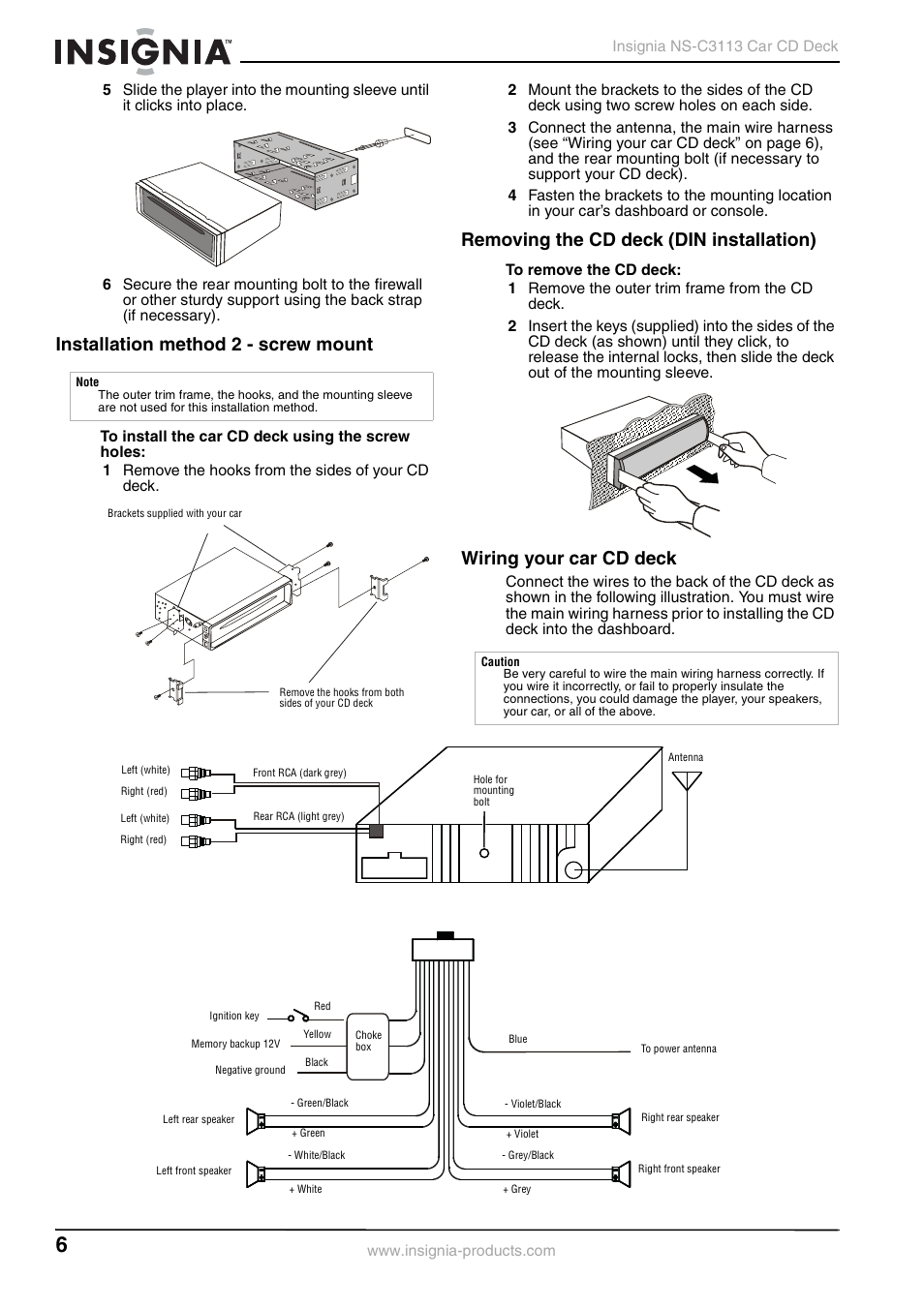 Installation method 2 - screw mount, Removing the cd deck (din installation), Wiring your car cd deck | Insignia NS-C3113 User Manual | Page 6 / 12