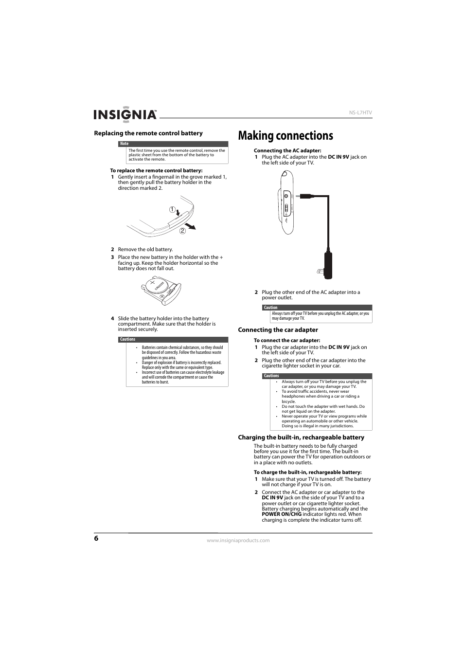Replacing the remote control battery, Making connections, Connecting the car adapter | Charging the built-in, rechargeable battery, D “charging the built-in, rechargeable battery | Insignia 10-0499 User Manual | Page 10 / 28