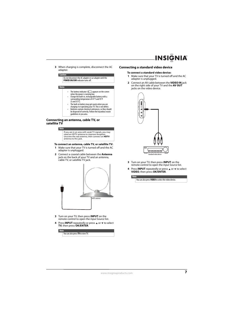 Connecting an antenna, cable tv, or satellite tv, Connecting a standard video device | Insignia 10-0499 User Manual | Page 11 / 28
