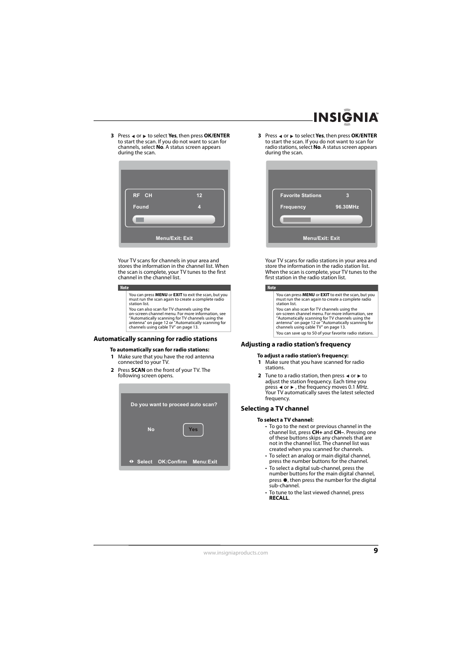 Automatically scanning for radio stations, Adjusting a radio station’s frequency, Selecting a tv channel | Ee “selecting a tv channel, E “selecting a tv channel, Ee “selecting a tv channel” o | Insignia 10-0499 User Manual | Page 13 / 28