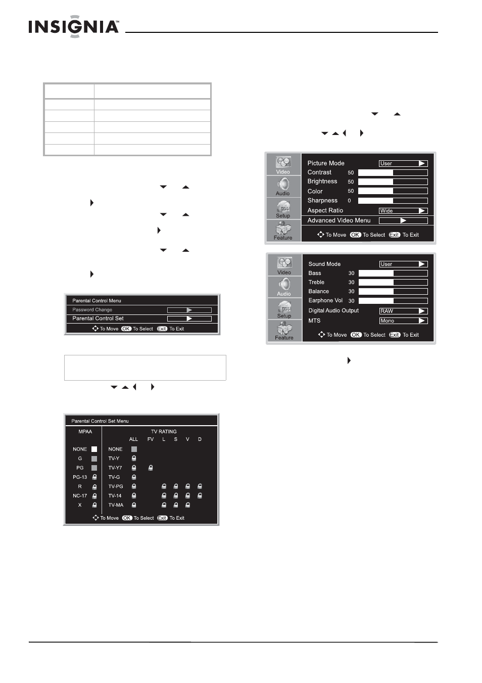 Pour paramétrer la classification, Utilisation du menu d’écran, Pour utiliser le menu d’écran | Insignia NS-LCD32FS User Manual | Page 44 / 84
