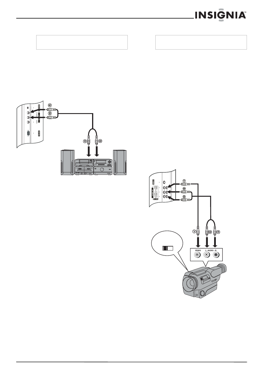 Conexión a un amplificador, Para conectarse a un amplificador, Conexión de una cámara de video | Insignia NS-LCD32FS User Manual | Page 65 / 84