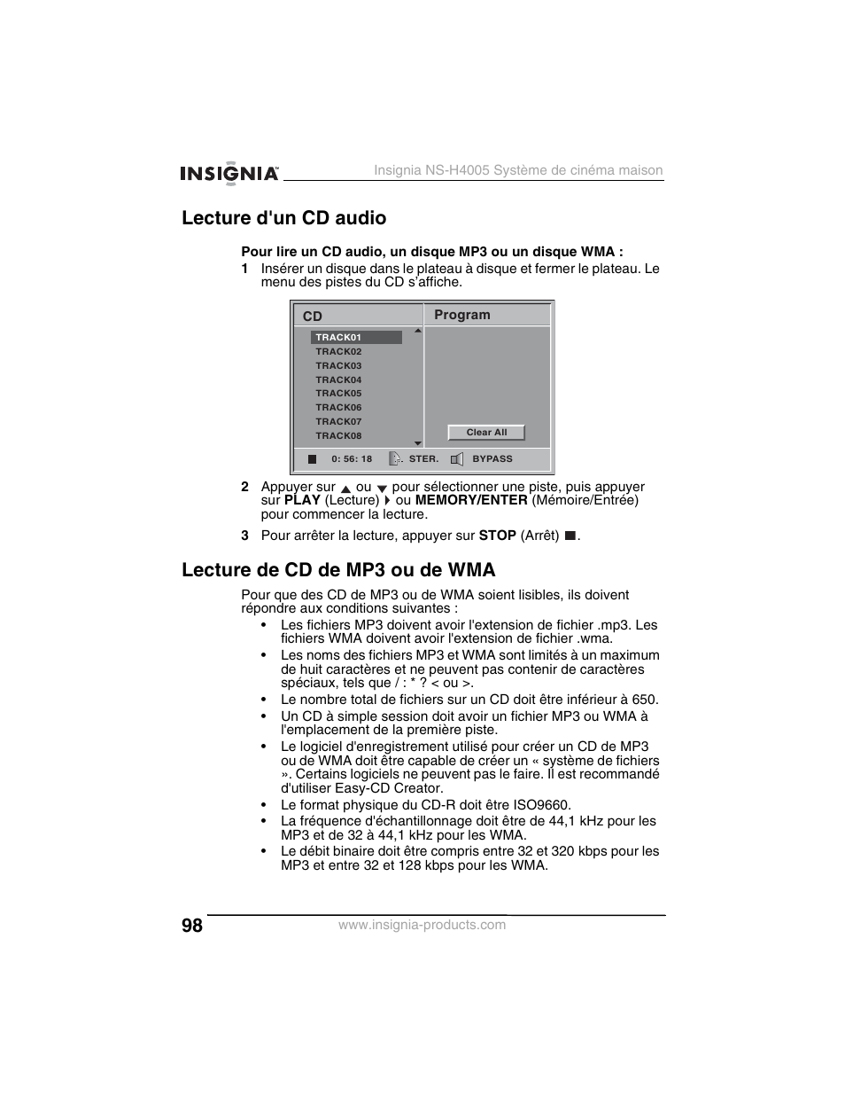 Lecture d'un cd audio, Lecture de cd de mp3 ou de wma | Insignia NS-H4005 User Manual | Page 100 / 208