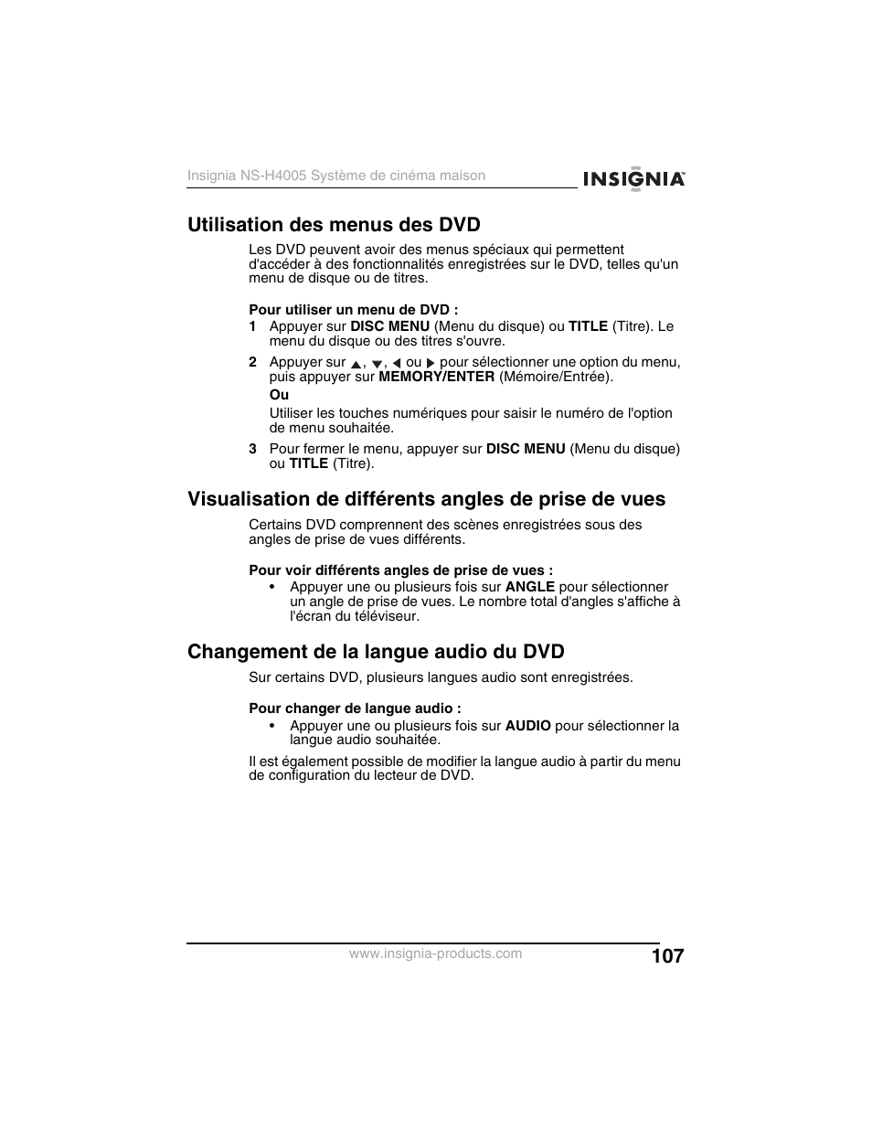 Utilisation des menus des dvd, Changement de la langue audio du dvd | Insignia NS-H4005 User Manual | Page 109 / 208