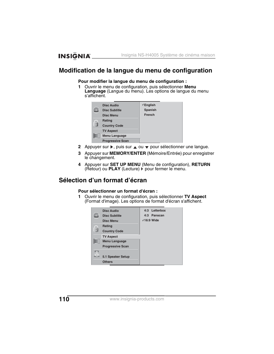 Modification de la langue du menu de configuration, Sélection d’un format d’écran | Insignia NS-H4005 User Manual | Page 112 / 208