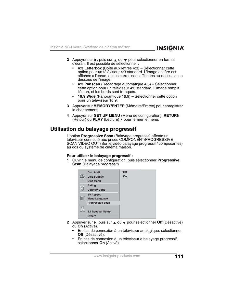 Utilisation du balayage progressif | Insignia NS-H4005 User Manual | Page 113 / 208