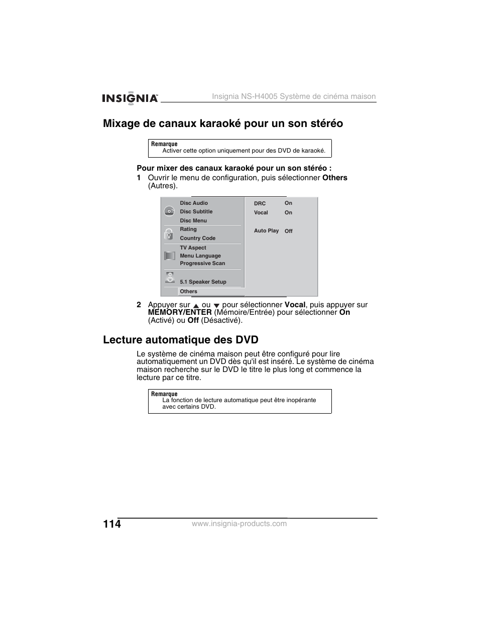 Mixage de canaux karaoké pour un son stéréo, Lecture automatique des dvd | Insignia NS-H4005 User Manual | Page 116 / 208
