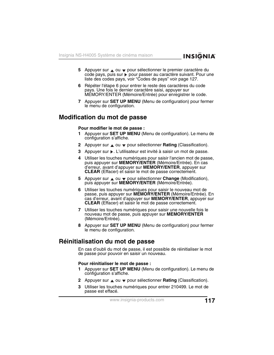Modification du mot de passe, Réinitialisation du mot de passe | Insignia NS-H4005 User Manual | Page 119 / 208
