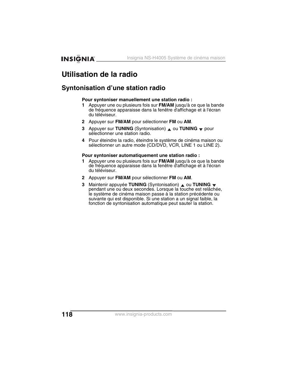 Utilisation de la radio, Syntonisation d’une station radio | Insignia NS-H4005 User Manual | Page 120 / 208