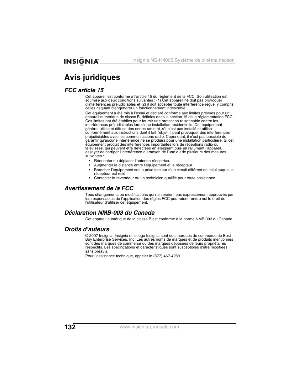 Avis juridiques, Fcc article 15, Avertissement de la fcc | Déclaration nmb-003 du canada, Droits d’auteurs | Insignia NS-H4005 User Manual | Page 134 / 208