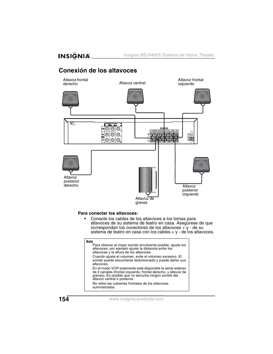 Conexión de los altavoces | Insignia NS-H4005 User Manual | Page 156 / 208