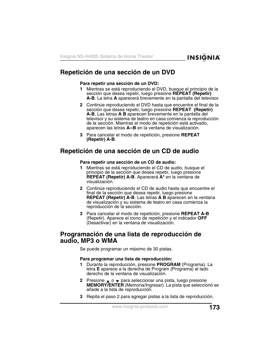 Repetición de una sección de un dvd, Repetición de una sección de un cd de audio | Insignia NS-H4005 User Manual | Page 175 / 208