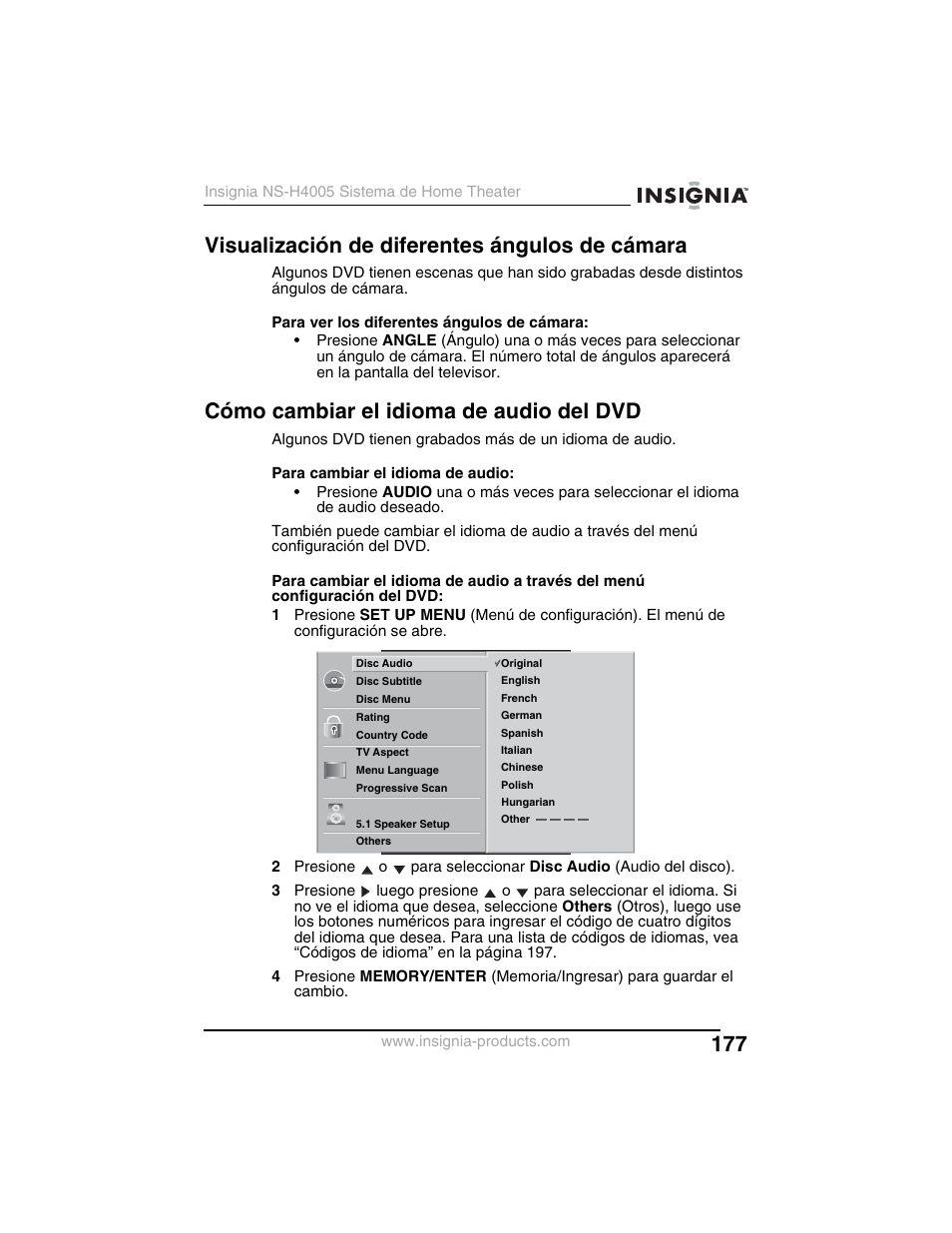 Visualización de diferentes ángulos de cámara, Cómo cambiar el idioma de audio del dvd | Insignia NS-H4005 User Manual | Page 179 / 208