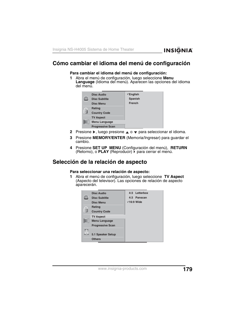 Cómo cambiar el idioma del menú de configuración, Selección de la relación de aspecto | Insignia NS-H4005 User Manual | Page 181 / 208