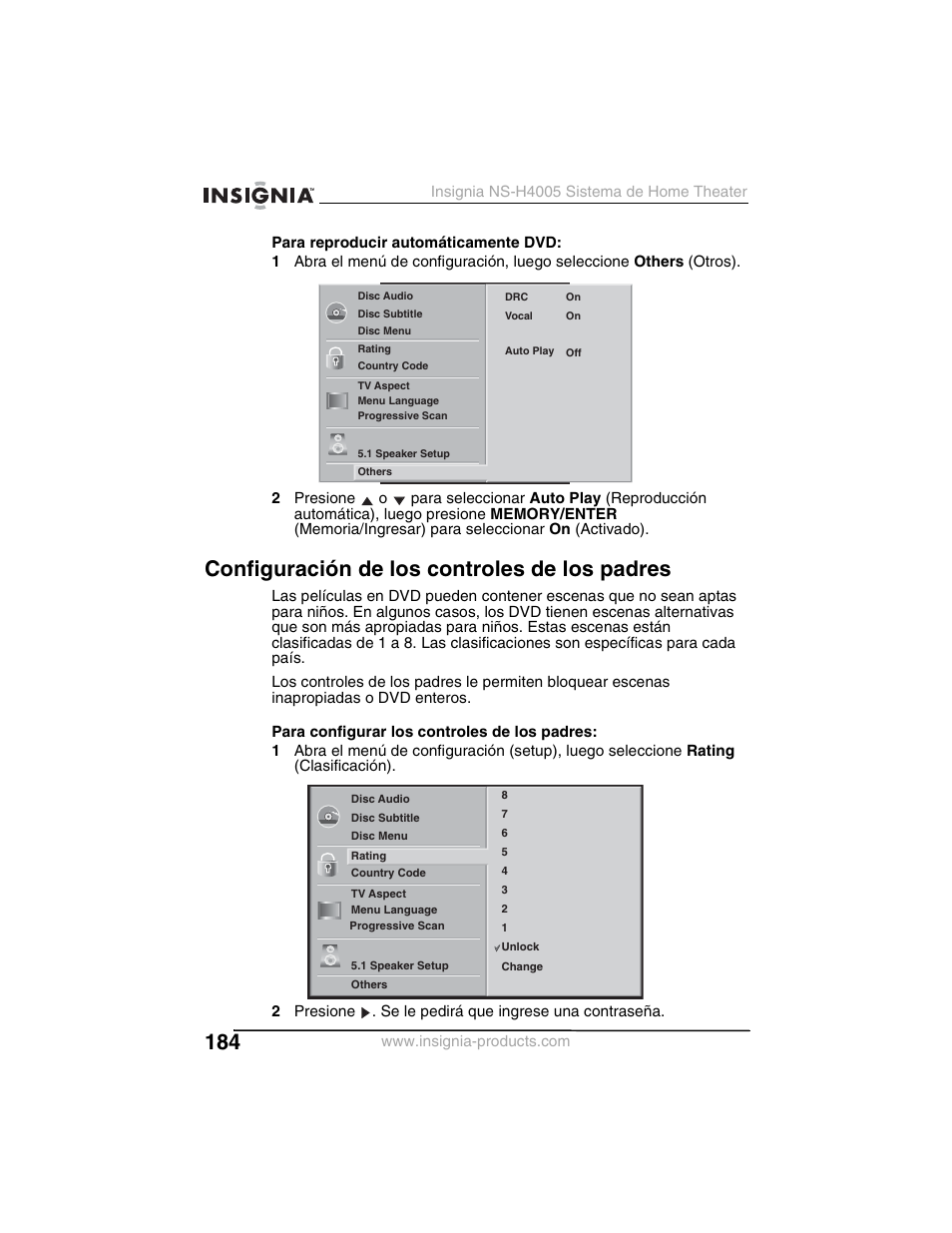 Configuración de los controles de los padres | Insignia NS-H4005 User Manual | Page 186 / 208