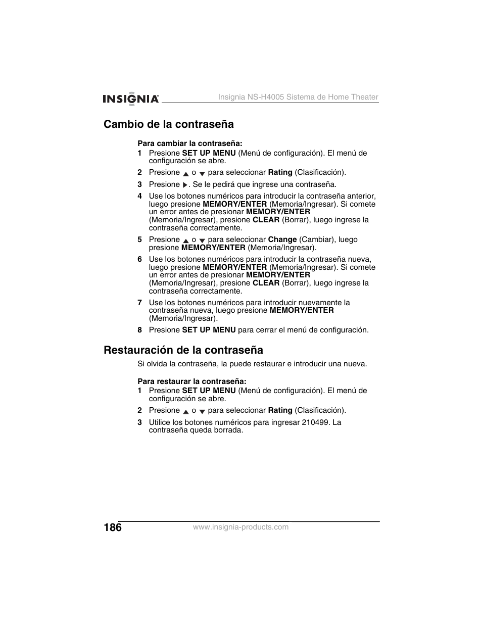 Cambio de la contraseña, Restauración de la contraseña | Insignia NS-H4005 User Manual | Page 188 / 208