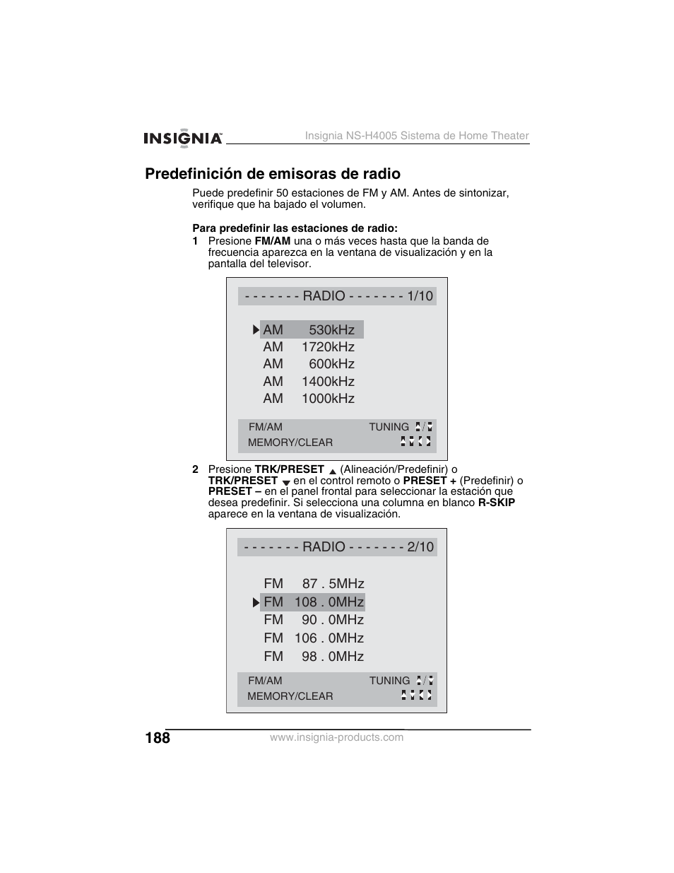 Predefinición de emisoras de radio | Insignia NS-H4005 User Manual | Page 190 / 208