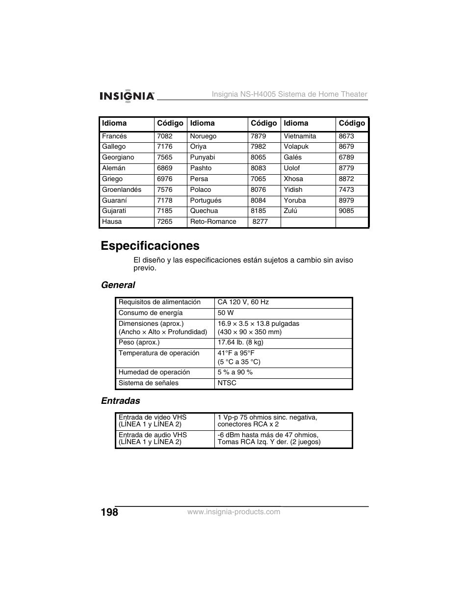 Especificaciones, General entradas | Insignia NS-H4005 User Manual | Page 200 / 208