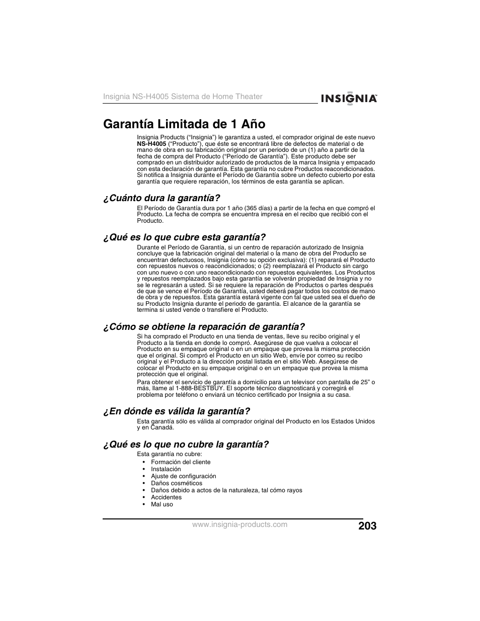 Garantía limitada de 1 año, Cuánto dura la garantía, Qué es lo que cubre esta garantía | Cómo se obtiene la reparación de garantía, En dónde es válida la garantía, Qué es lo que no cubre la garantía | Insignia NS-H4005 User Manual | Page 205 / 208