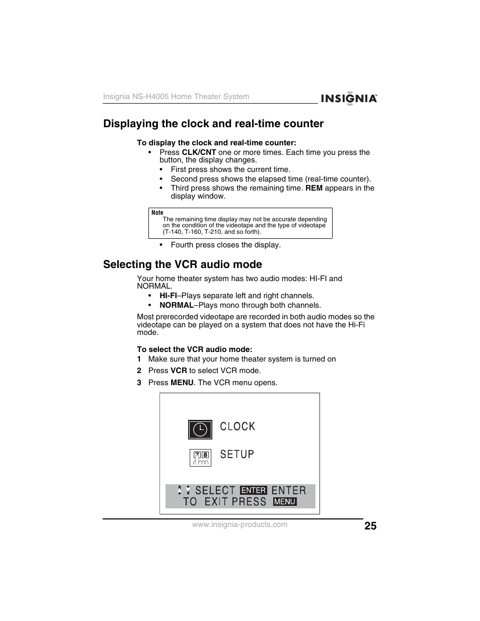 Displaying the clock and real-time counter, Selecting the vcr audio mode | Insignia NS-H4005 User Manual | Page 27 / 208