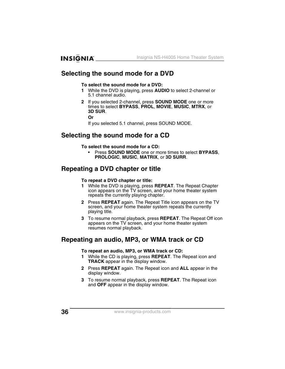 Selecting the sound mode for a dvd, Selecting the sound mode for a cd, Repeating a dvd chapter or title | Repeating an audio, mp3, or wma track or cd | Insignia NS-H4005 User Manual | Page 38 / 208