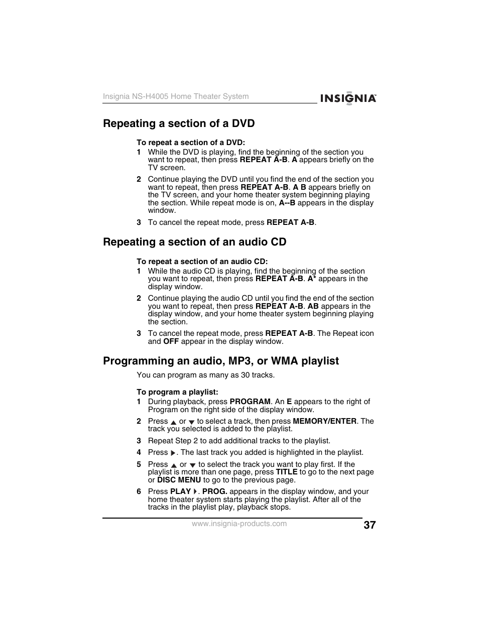 Programming an audio, mp3, or wma playlist | Insignia NS-H4005 User Manual | Page 39 / 208