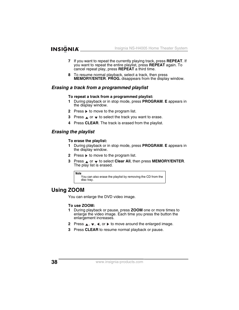 Using zoom, Erasing a track from a programmed playlist, Erasing the playlist | Insignia NS-H4005 User Manual | Page 40 / 208