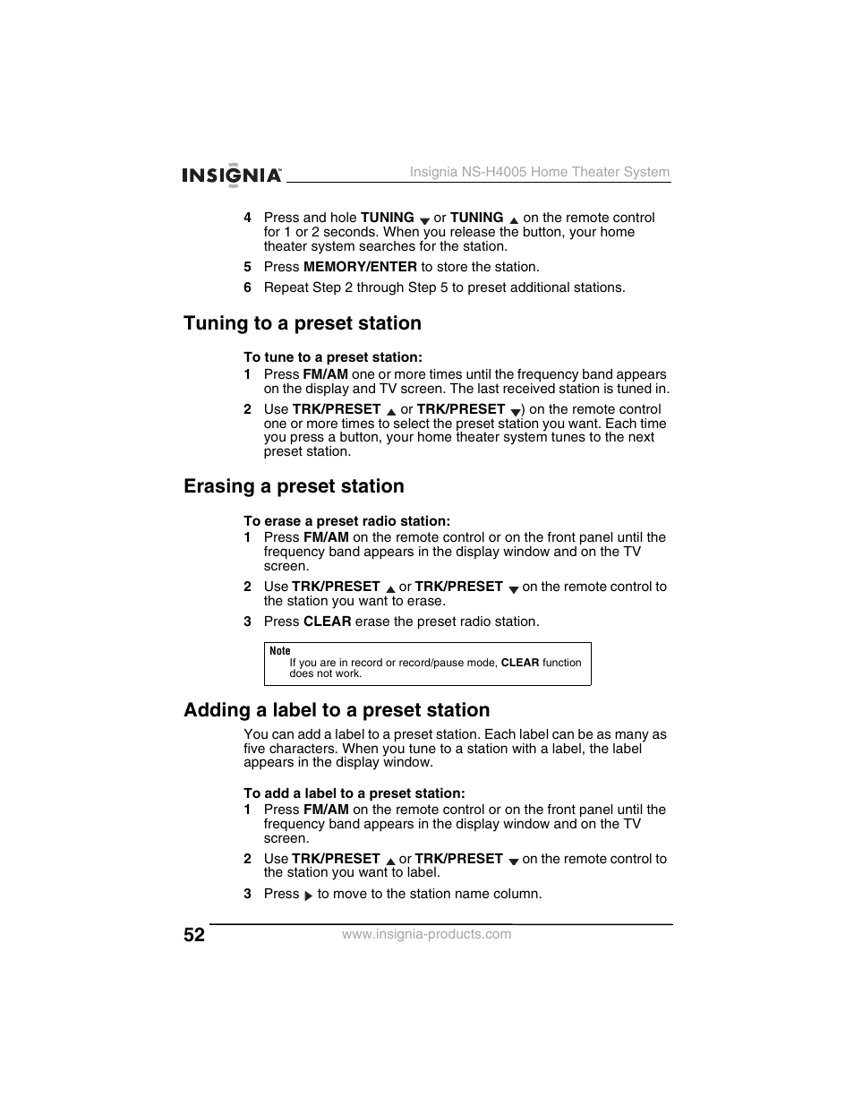 Tuning to a preset station, Erasing a preset station, Adding a label to a preset station | Insignia NS-H4005 User Manual | Page 54 / 208