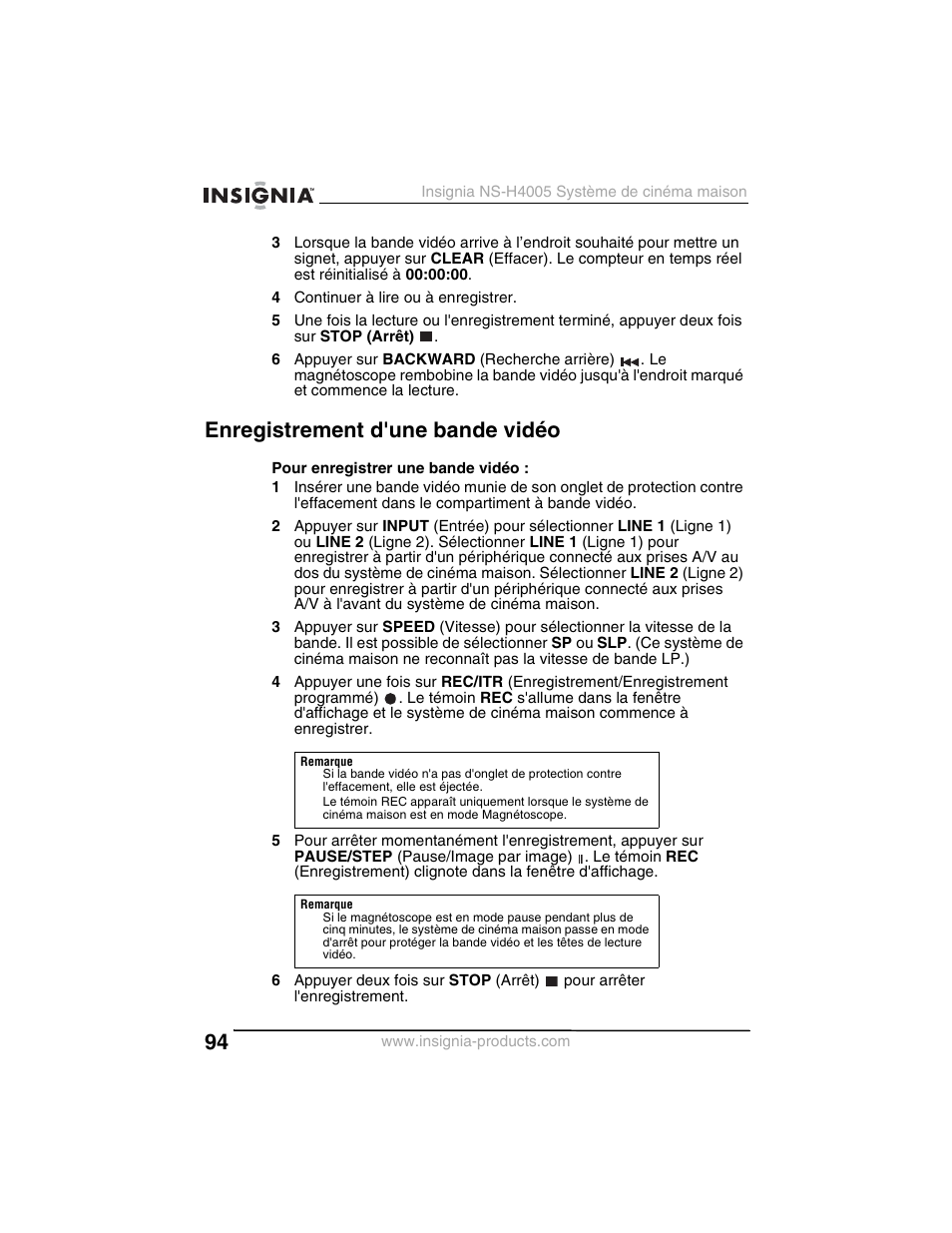 Enregistrement d'une bande vidéo | Insignia NS-H4005 User Manual | Page 96 / 208