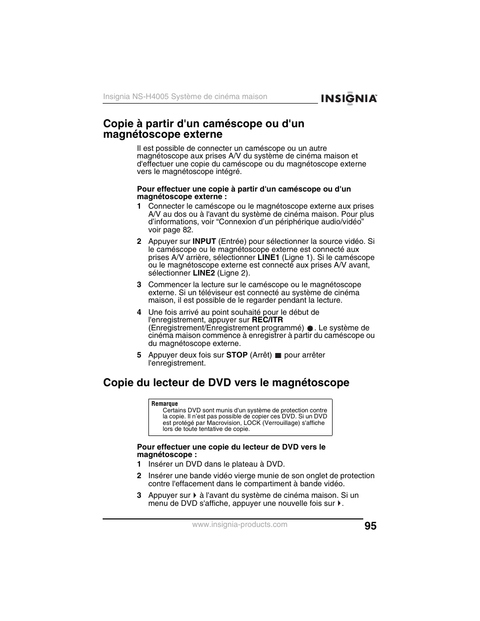 Copie du lecteur de dvd vers le magnétoscope | Insignia NS-H4005 User Manual | Page 97 / 208