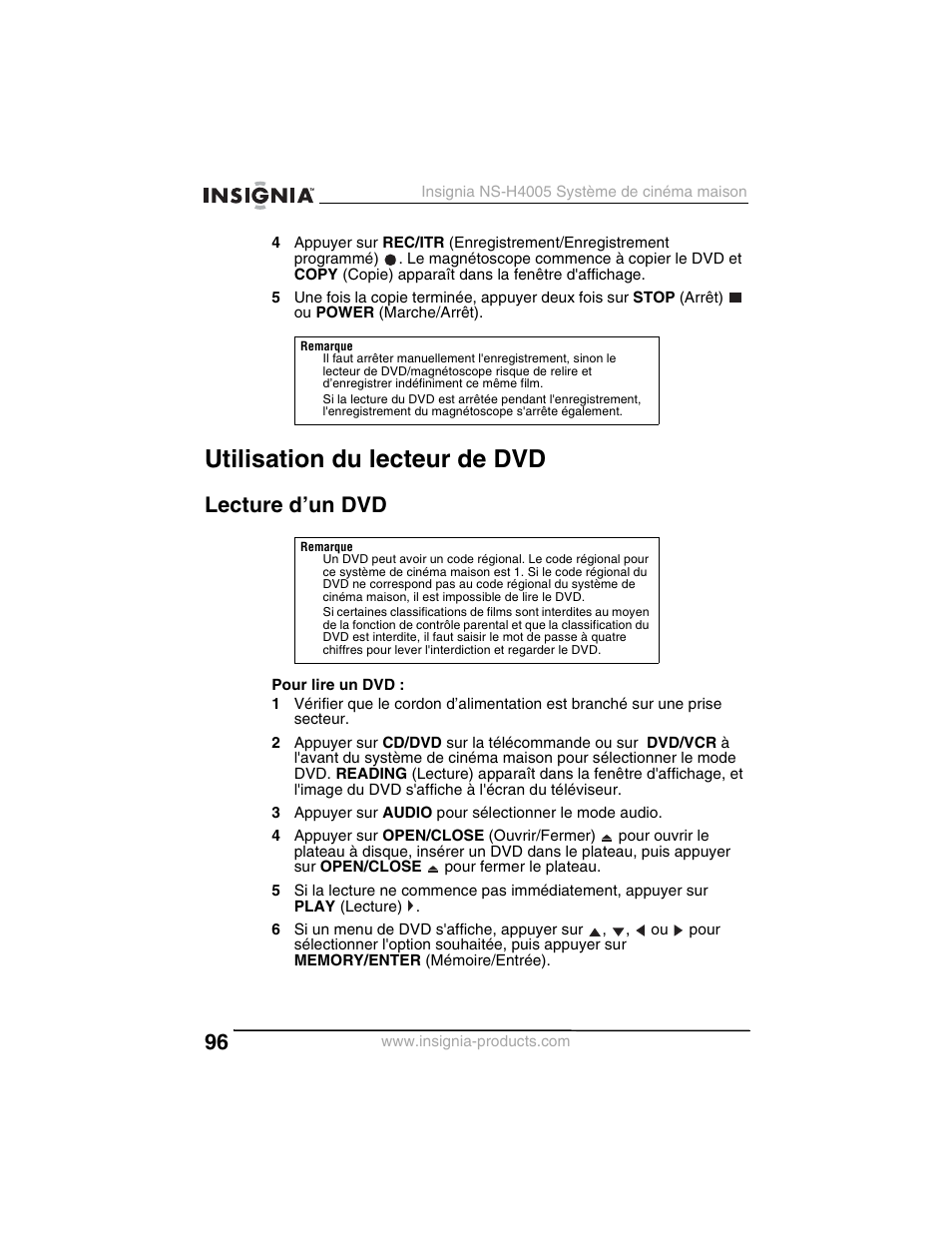 Utilisation du lecteur de dvd, Lecture d’un dvd | Insignia NS-H4005 User Manual | Page 98 / 208