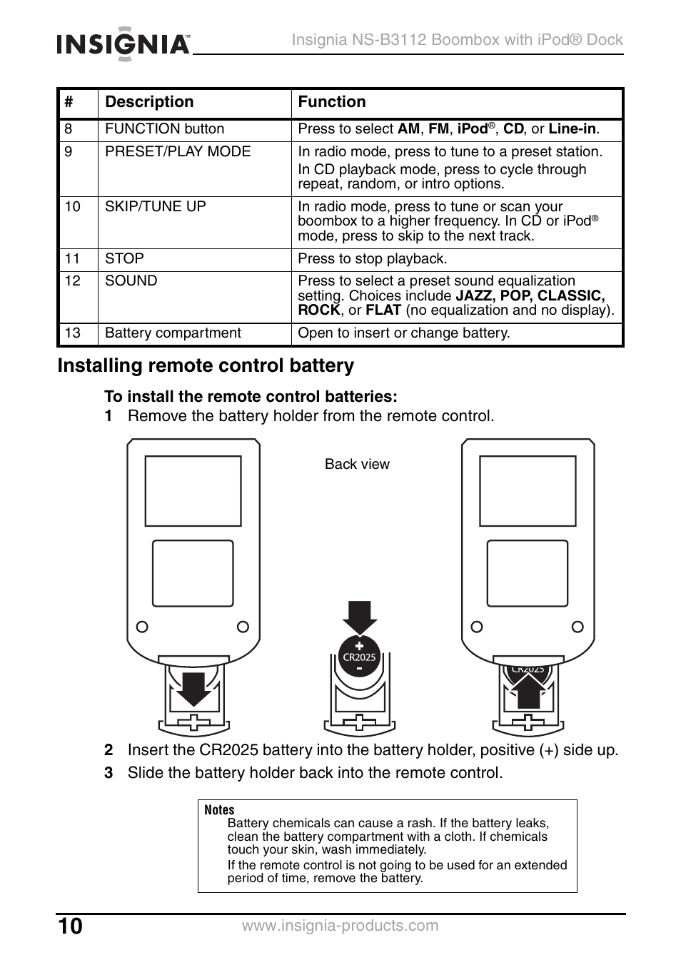 Installing remote control battery | Insignia NS-B3112 User Manual | Page 10 / 72