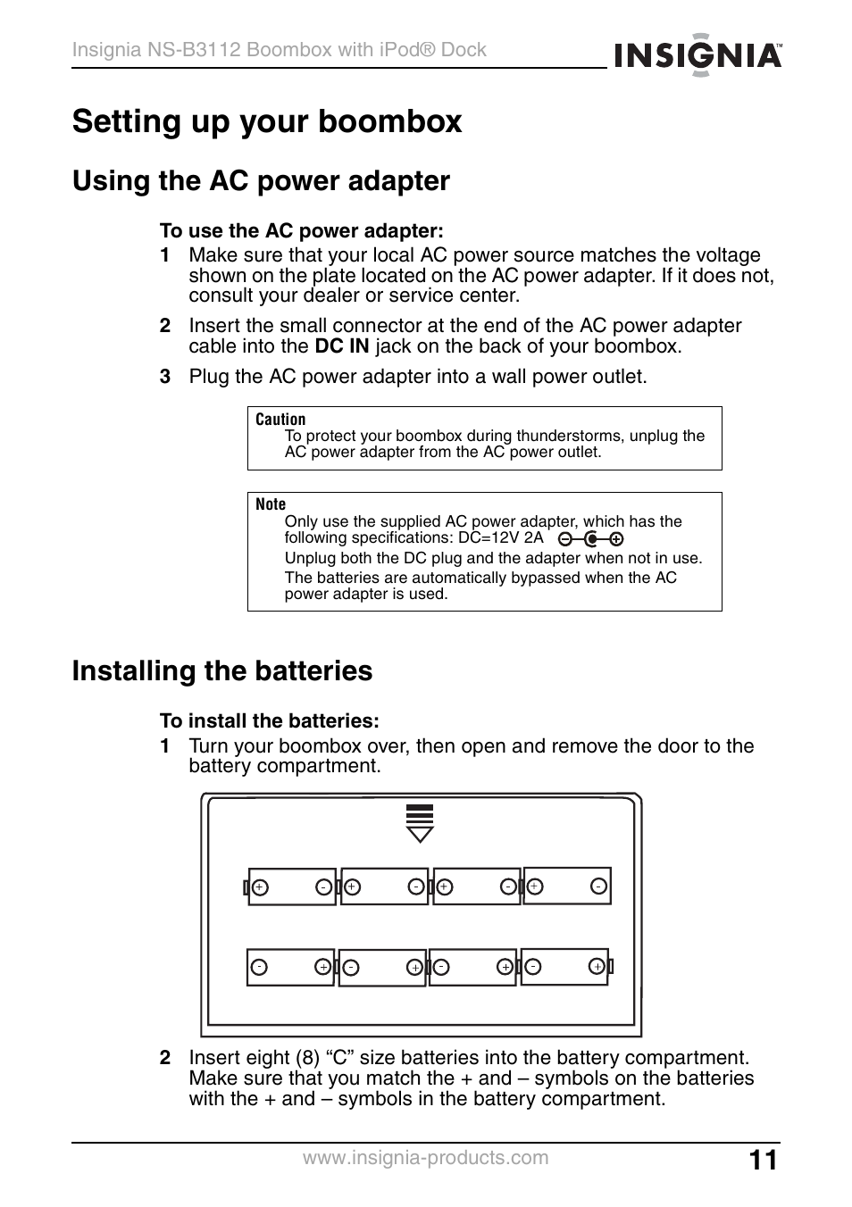 Setting up your boombox, Using the ac power adapter, Installing the batteries | Insignia NS-B3112 User Manual | Page 11 / 72