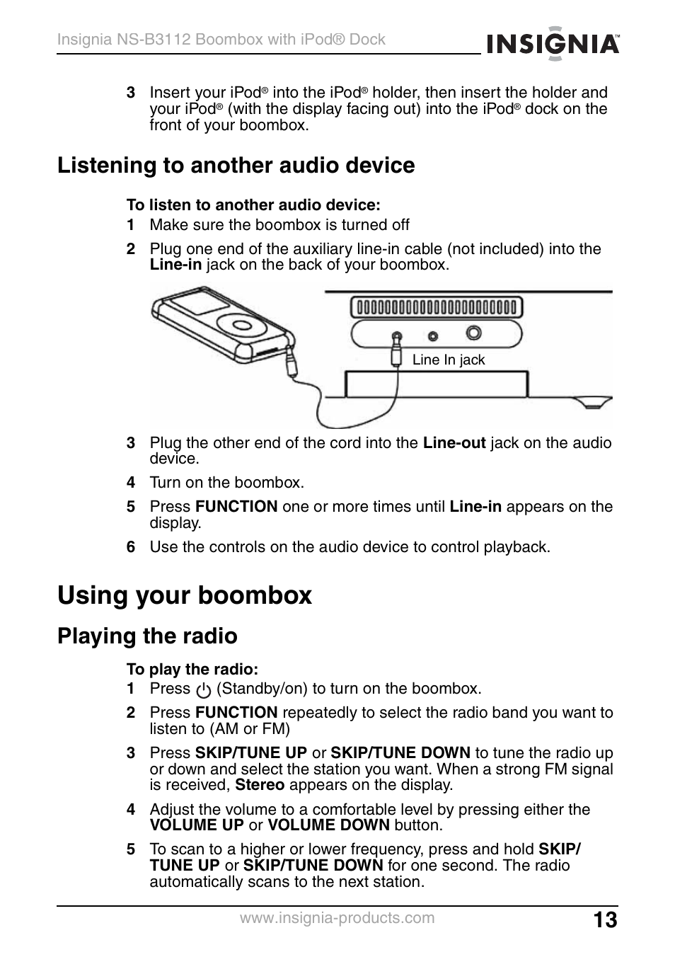Listening to another audio device, Using your boombox, Playing the radio | Insignia NS-B3112 User Manual | Page 13 / 72
