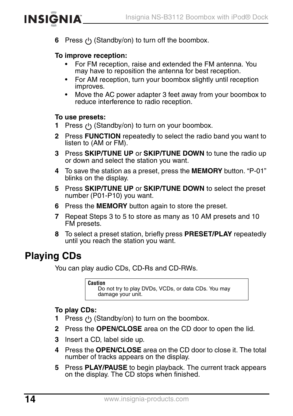 Playing cds | Insignia NS-B3112 User Manual | Page 14 / 72