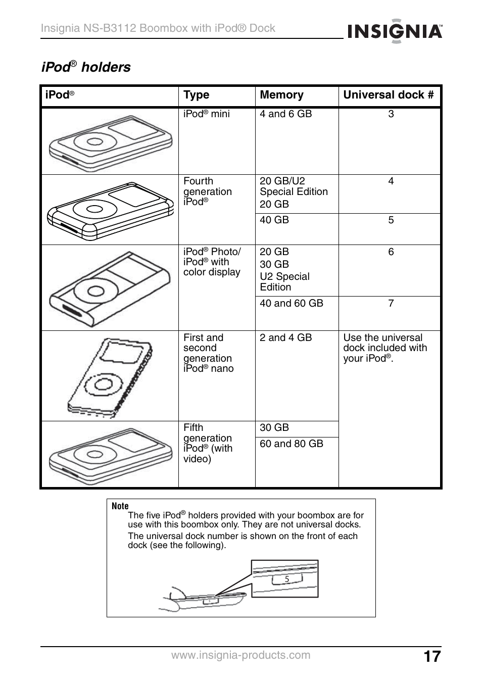 Ipod® holders, Ipod, Holders | Insignia NS-B3112 User Manual | Page 17 / 72