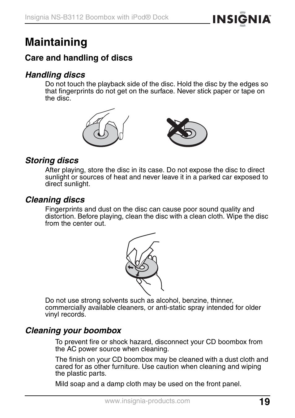 Maintaining, Care and handling of discs, Handling discs | Storing discs, Cleaning discs, Cleaning your boombox | Insignia NS-B3112 User Manual | Page 19 / 72