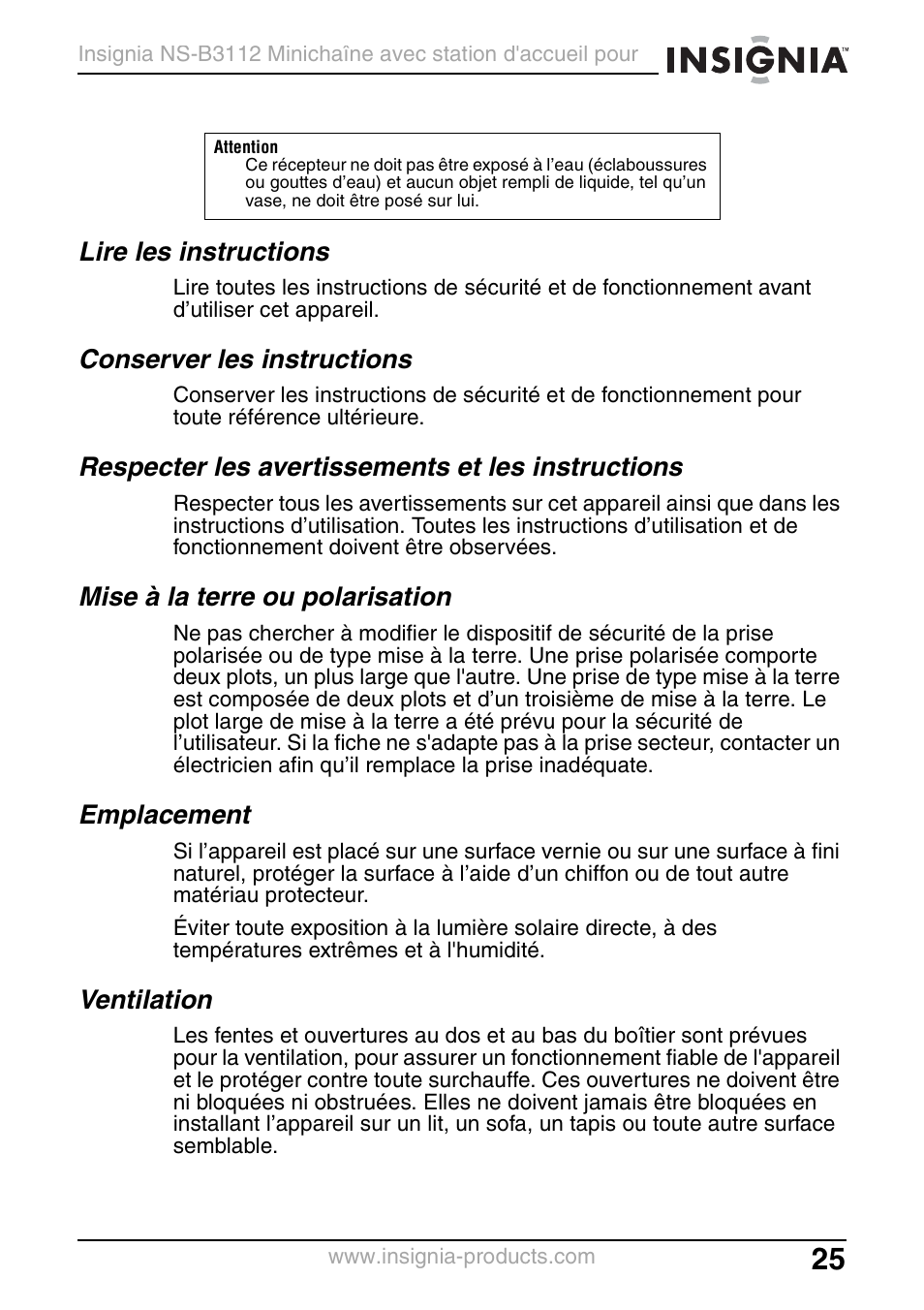 Lire les instructions, Conserver les instructions, Respecter les avertissements et les instructions | Mise à la terre ou polarisation, Emplacement, Ventilation | Insignia NS-B3112 User Manual | Page 25 / 72