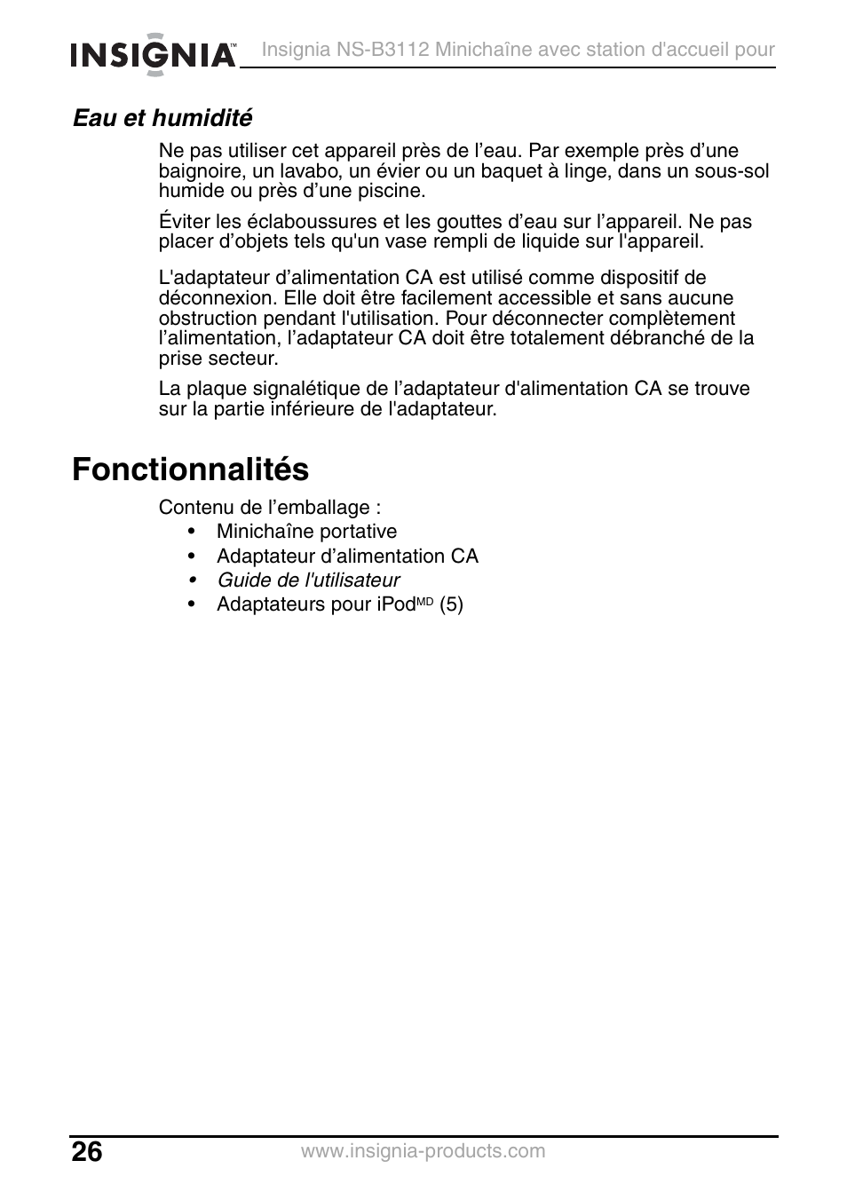 Eau et humidité, Fonctionnalités | Insignia NS-B3112 User Manual | Page 26 / 72