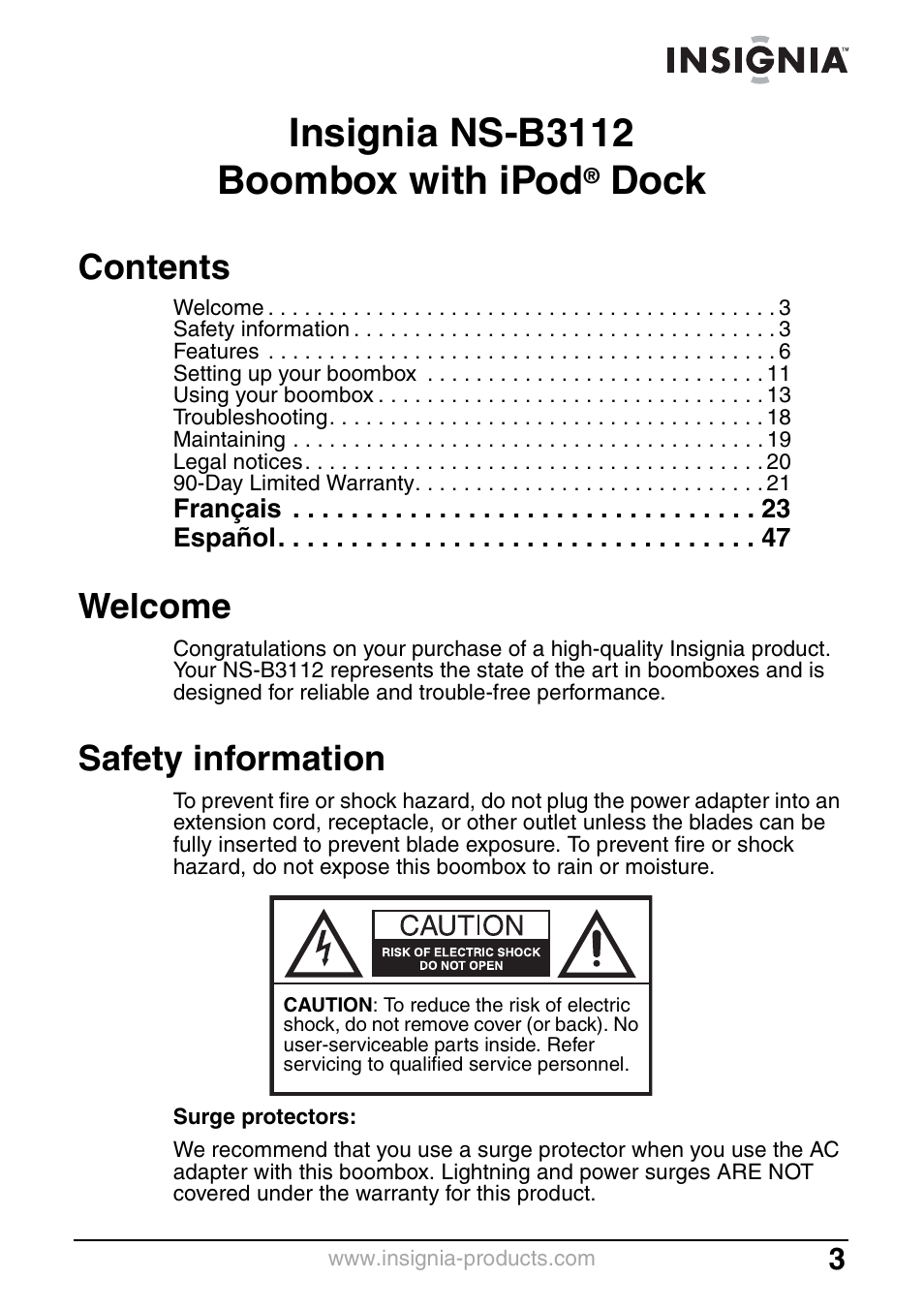 Insignia NS-B3112 User Manual | Page 3 / 72