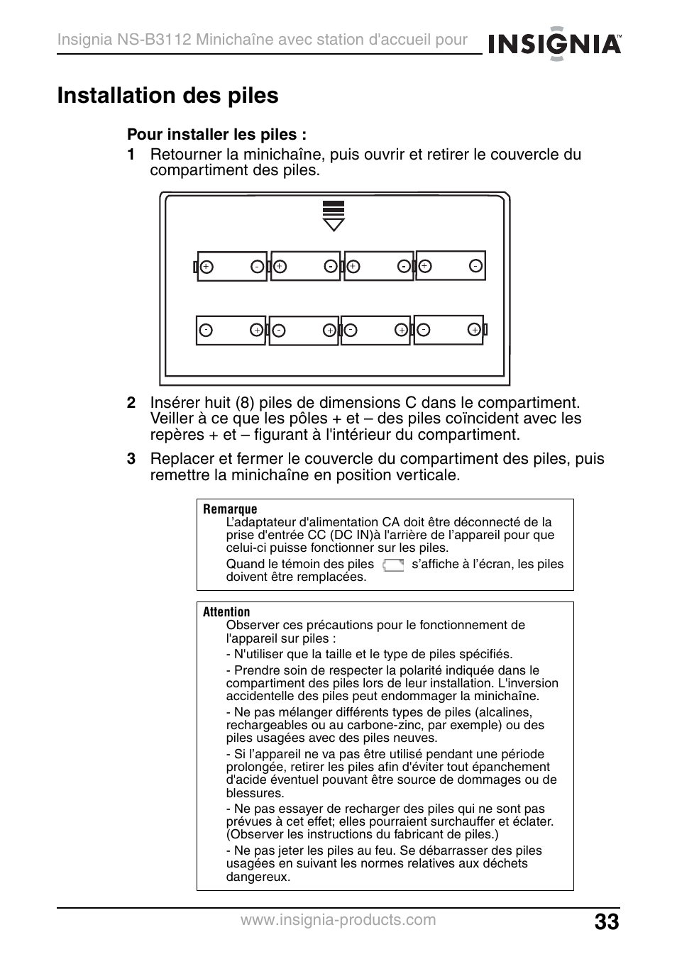 Installation des piles | Insignia NS-B3112 User Manual | Page 33 / 72