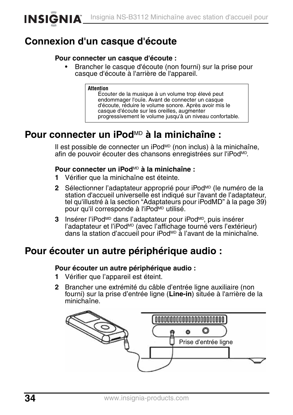 Connexion d'un casque d'écoute, Pour connecter un ipodmd à la minichaîne, Pour écouter un autre périphérique audio | Pour connecter un ipod, À la minichaîne | Insignia NS-B3112 User Manual | Page 34 / 72