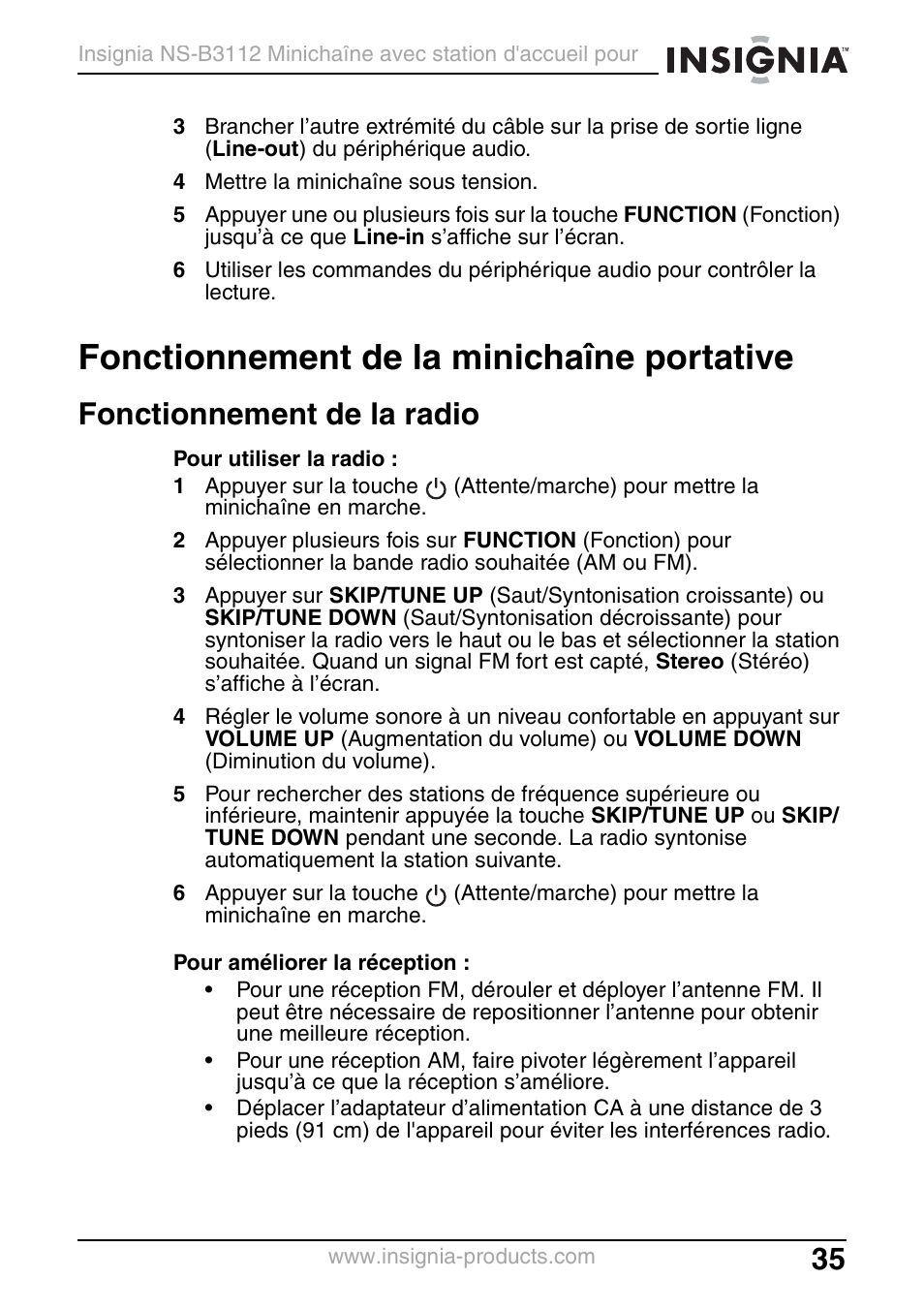 Fonctionnement de la minichaîne portative, Fonctionnement de la radio | Insignia NS-B3112 User Manual | Page 35 / 72