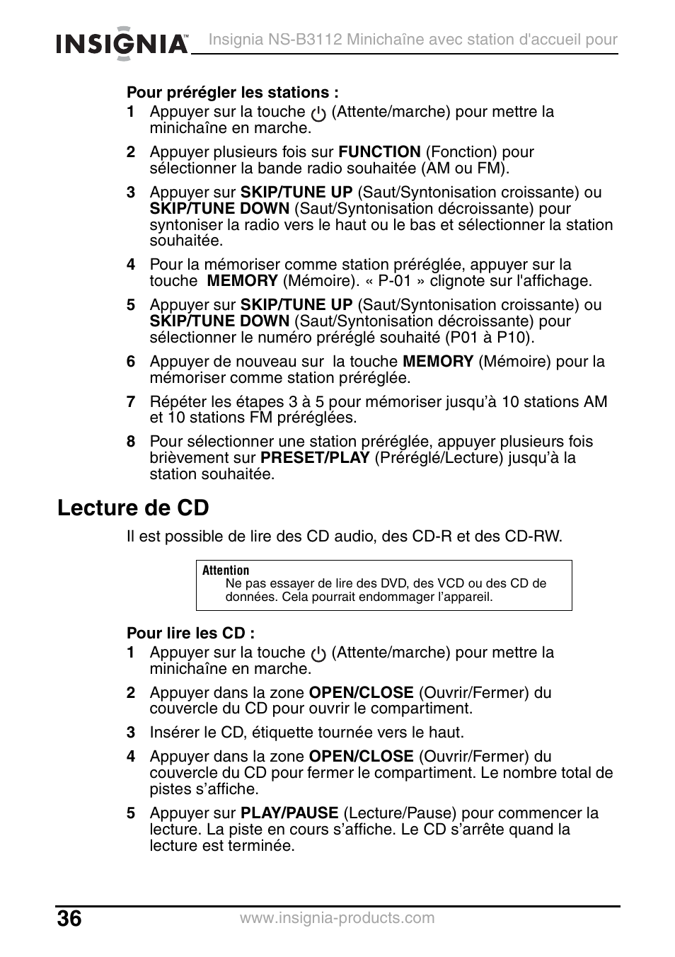 Lecture de cd | Insignia NS-B3112 User Manual | Page 36 / 72