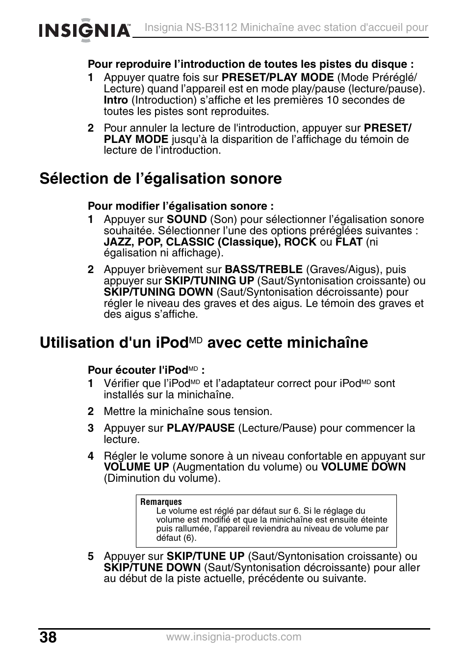 Sélection de l’égalisation sonore, Utilisation d'un ipodmd avec cette minichaîne, Utilisation d'un ipod | Avec cette minichaîne | Insignia NS-B3112 User Manual | Page 38 / 72