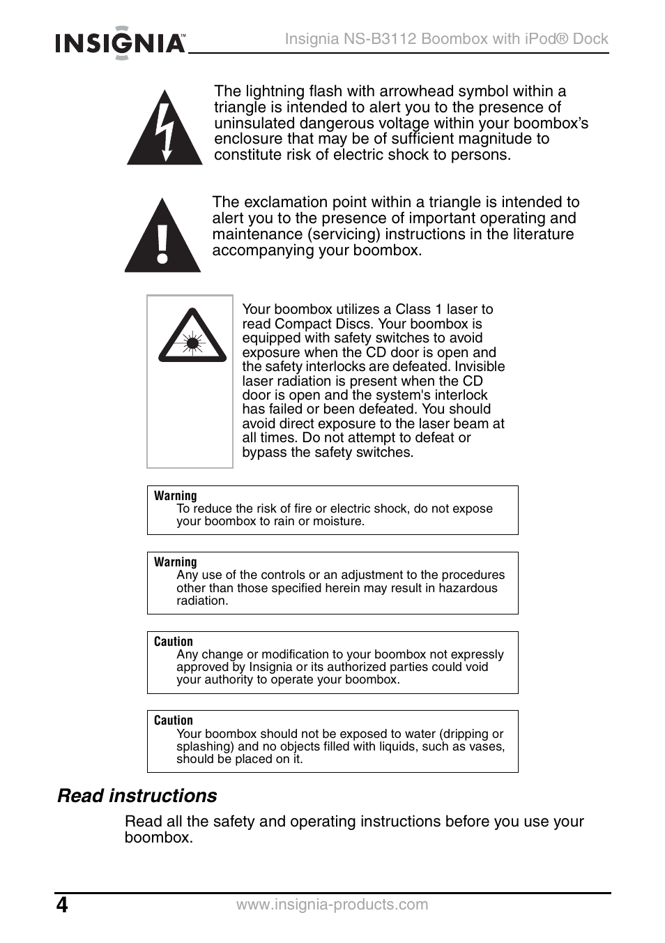 Read instructions | Insignia NS-B3112 User Manual | Page 4 / 72