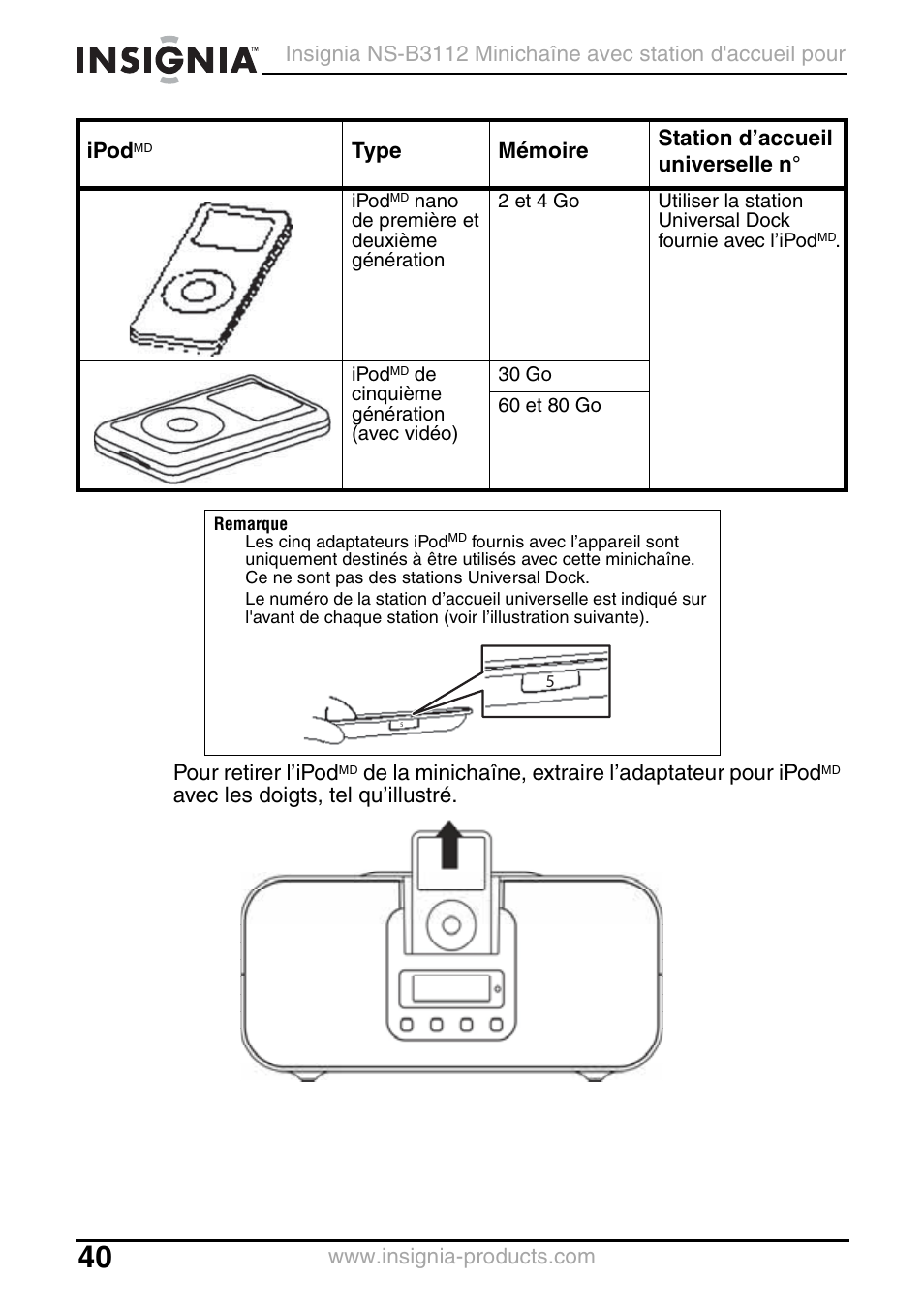 De la minichaîne, extraire l’adaptateur pour ipod, Avec les doigts, tel qu’illustré, Ipod | Type mémoire station d’accueil universelle n | Insignia NS-B3112 User Manual | Page 40 / 72