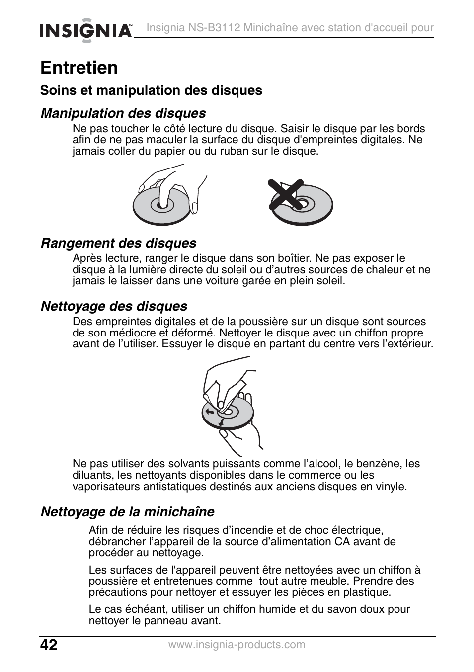 Entretien, Soins et manipulation des disques, Manipulation des disques | Rangement des disques, Nettoyage des disques, Nettoyage de la minichaîne | Insignia NS-B3112 User Manual | Page 42 / 72