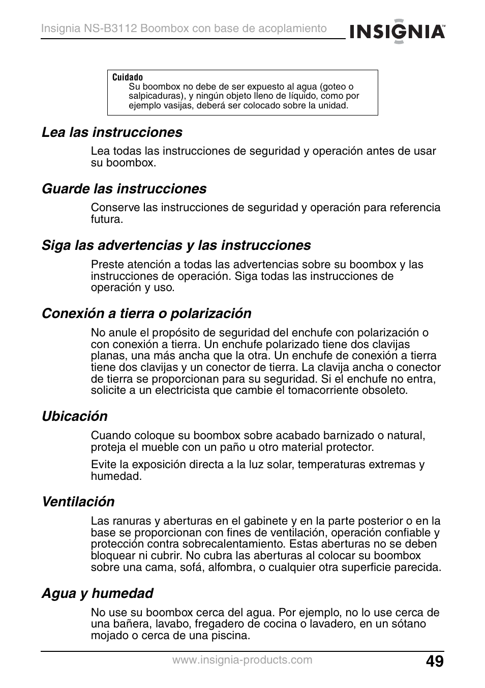 Lea las instrucciones, Guarde las instrucciones, Siga las advertencias y las instrucciones | Conexión a tierra o polarización, Ubicación, Ventilación, Agua y humedad | Insignia NS-B3112 User Manual | Page 49 / 72